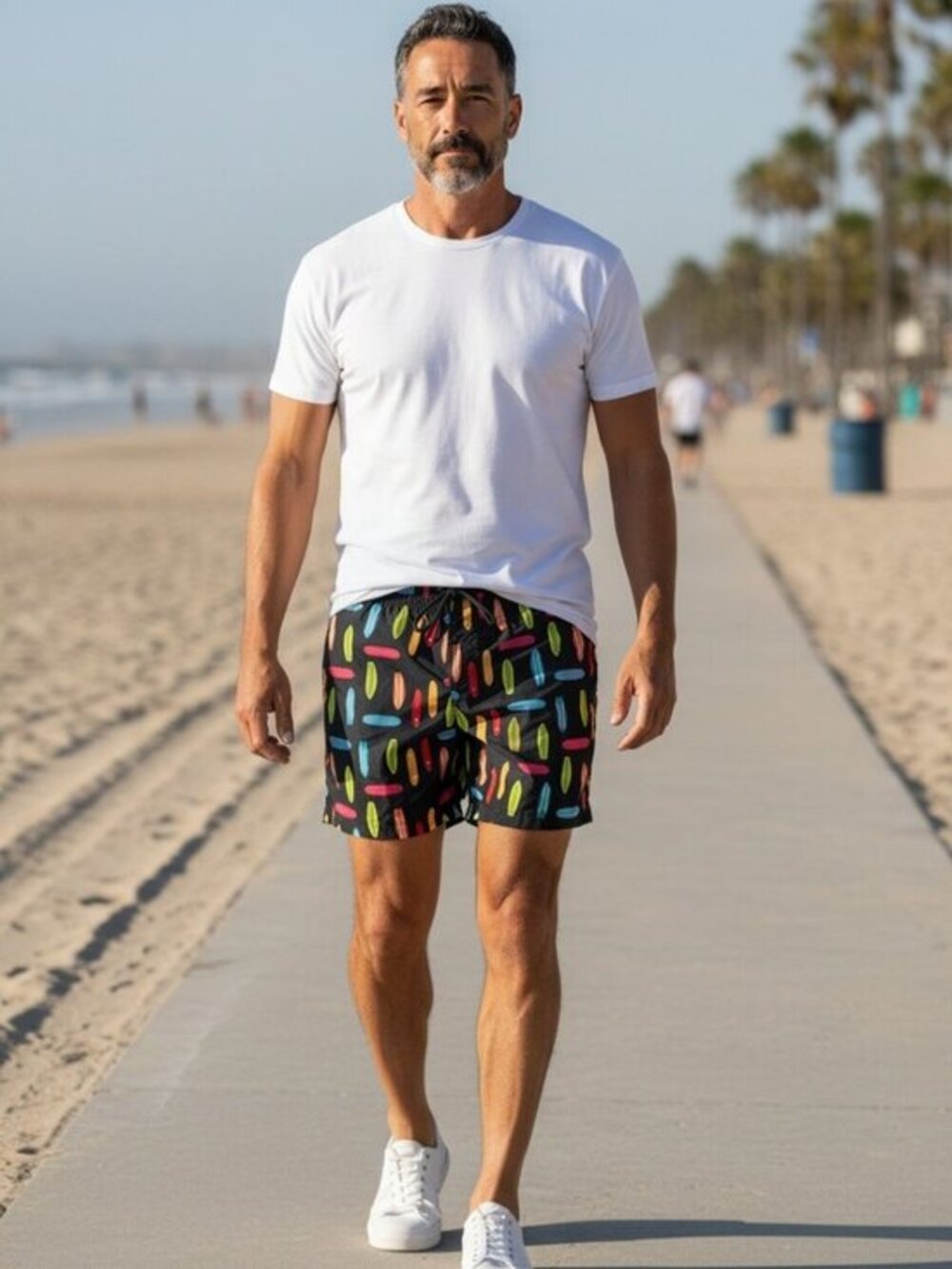 George Black Swim Shorts with Multicolor Surfboard Print